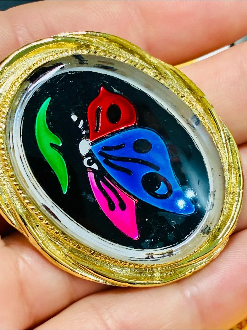 Colorful Butterfly Pendant Brooch in Gold-Tone Frame Unusual Eclectic EUC